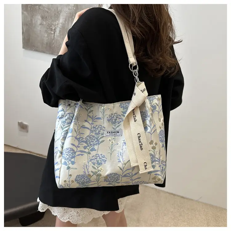 Women's Blue Floral Tote Bag Large Capacity Shoulder Bag — feature 8