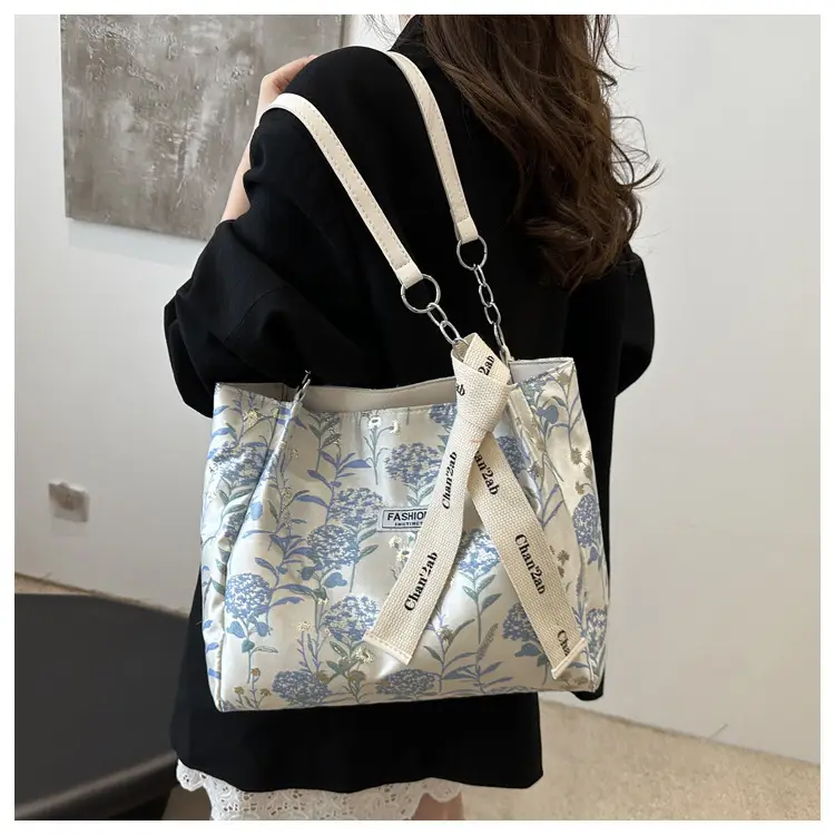 Women's Blue Floral Tote Bag Large Capacity Shoulder Bag — feature 9