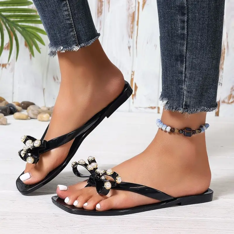 Huajia New European and American Women's Flat Beach Flip-Flops Summer Rivet Bow Slippers Sandals Sandals — feature 4