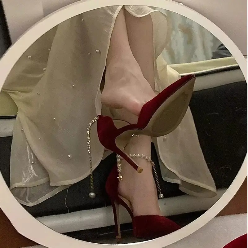 High Heels Women's 2025 Summer New Style Burgundy Pointed Toe Engagement Wedding Shoes Stiletto Heel with Pearl Chain Sandals - Image 4