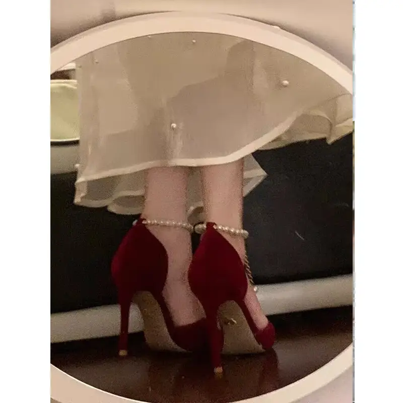 High Heels Women's 2025 Summer New Style Burgundy Pointed Toe Engagement Wedding Shoes Stiletto Heel with Pearl Chain Sandals - Image 5