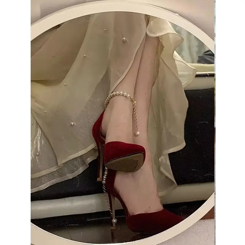 High Heels Women's 2025 Summer New Style Burgundy Pointed Toe Engagement Wedding Shoes Stiletto Heel with Pearl Chain Sandals - Image 6