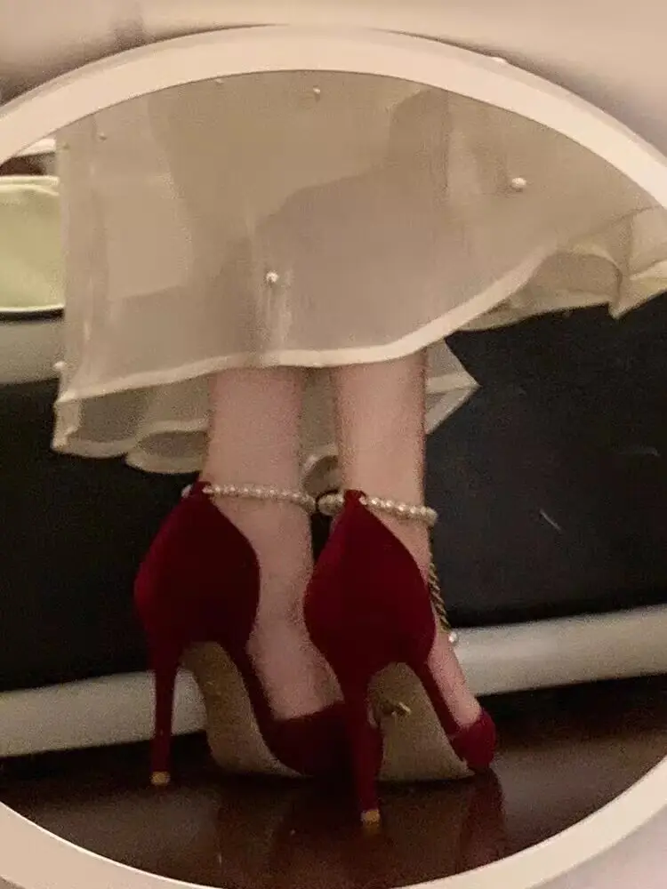 High Heels Women's 2025 Summer New Style Burgundy Pointed Toe Engagement Wedding Shoes Stiletto Heel with Pearl Chain Sandals — feature 6