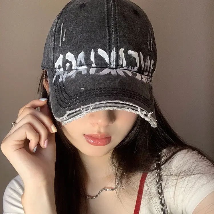 Women's Gray Graffiti Cap Wide Brim Casual Hat - Image 8