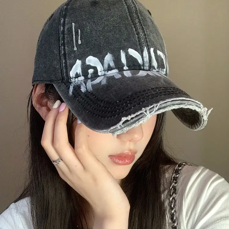 Women's Gray Graffiti Cap Wide Brim Casual Hat - Image 9