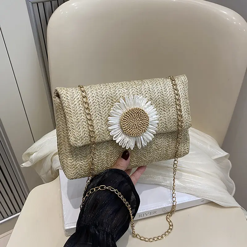 Women's 2024 Woven Shoulder Bag with Daisy Flower - Image 5