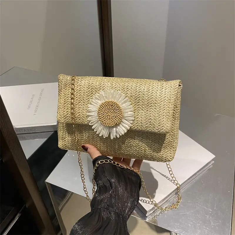 Women's 2024 Woven Shoulder Bag with Daisy Flower - Image 2