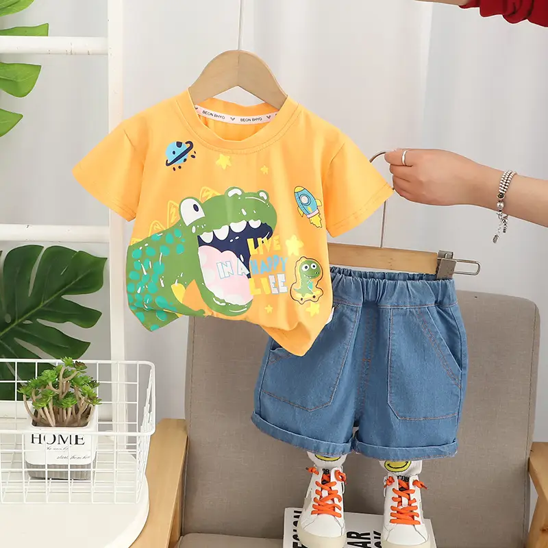 Children Cotton T-Shirt Shorts Set Yellow Green Frog Print - Image 4