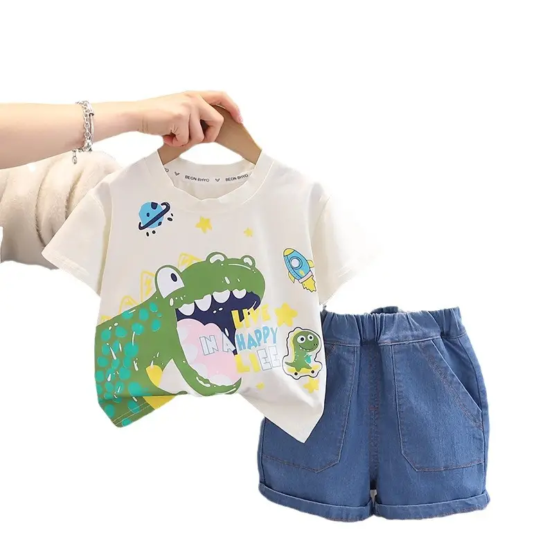 Children Cotton T-Shirt Shorts Set Yellow Green Frog Print - Image 7