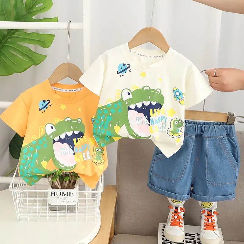 Children Cotton T-Shirt Shorts Set Yellow Green Frog Print — feature 1