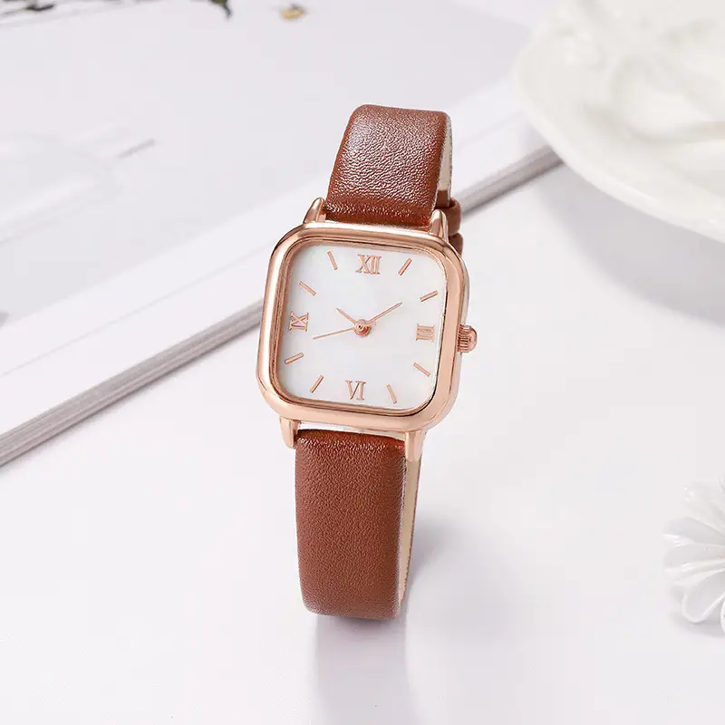 New Small Square Watch with Roman Scale & Brown Leather Band - Image 5
