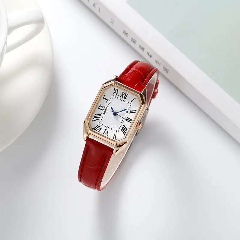 Women's Square Watch Green Leather Strap Luxury Watch - Image 2