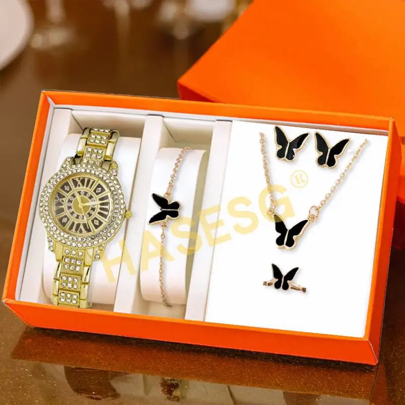 Ladies Full Diamond Butterfly Quartz Watch Set - Image 3