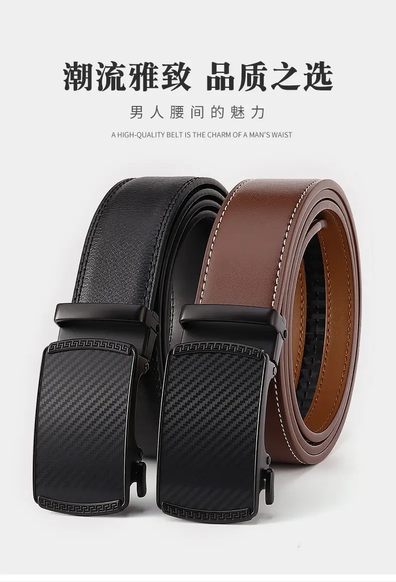 New Men's Black Genuine Leather Belt with Automatic Buckle — feature 1