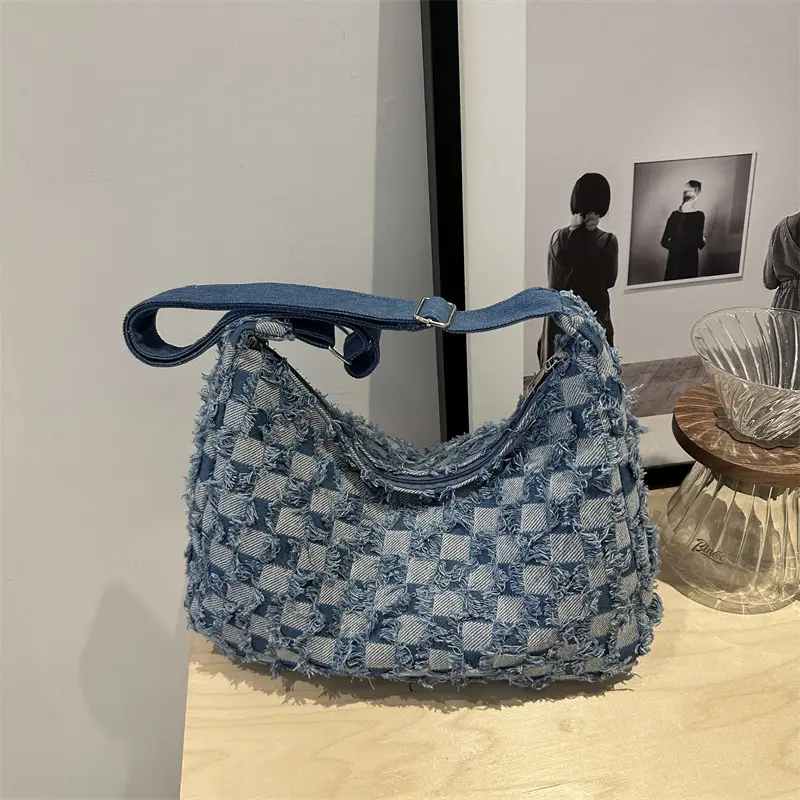 Blue Checkered Floral Shoulder Bag for Women 2024 - Image 4