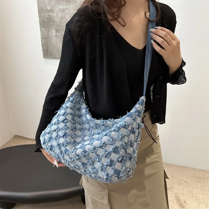 Blue Checkered Floral Shoulder Bag for Women 2024 - Image 5