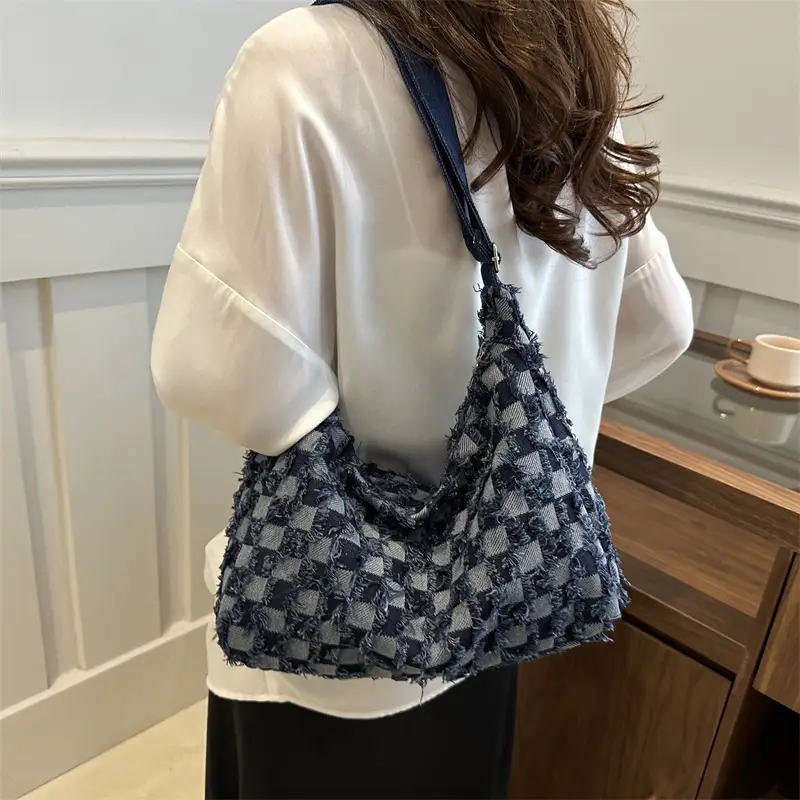 Blue Checkered Floral Shoulder Bag for Women 2024 - Image 6