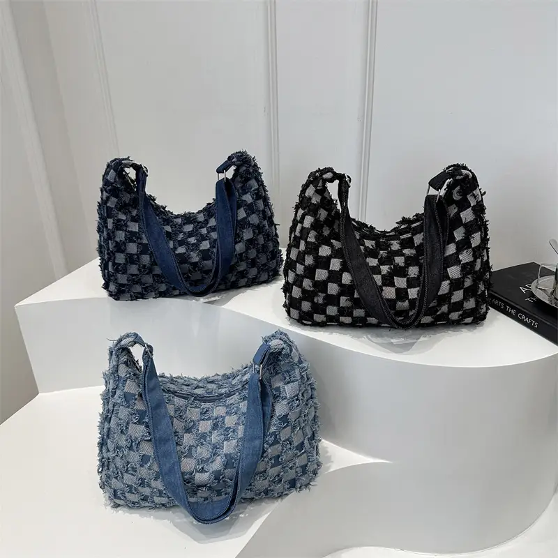 Blue Checkered Floral Shoulder Bag for Women 2024 - Image 7
