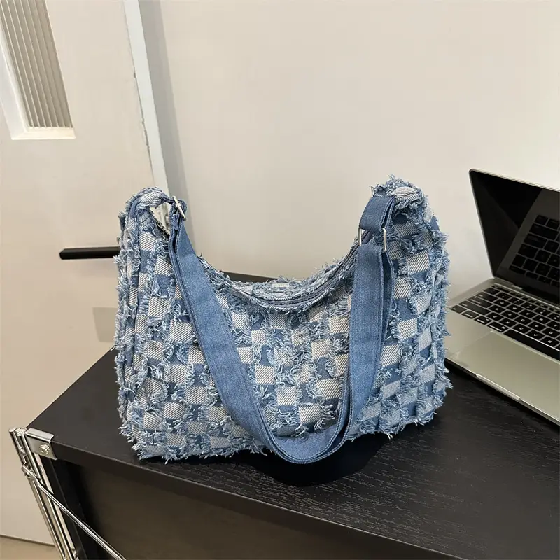Blue Checkered Floral Shoulder Bag for Women 2024 - Image 2