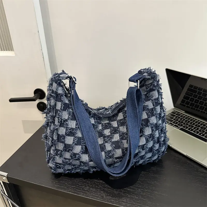 Blue Checkered Floral Shoulder Bag for Women 2024 - Image 3
