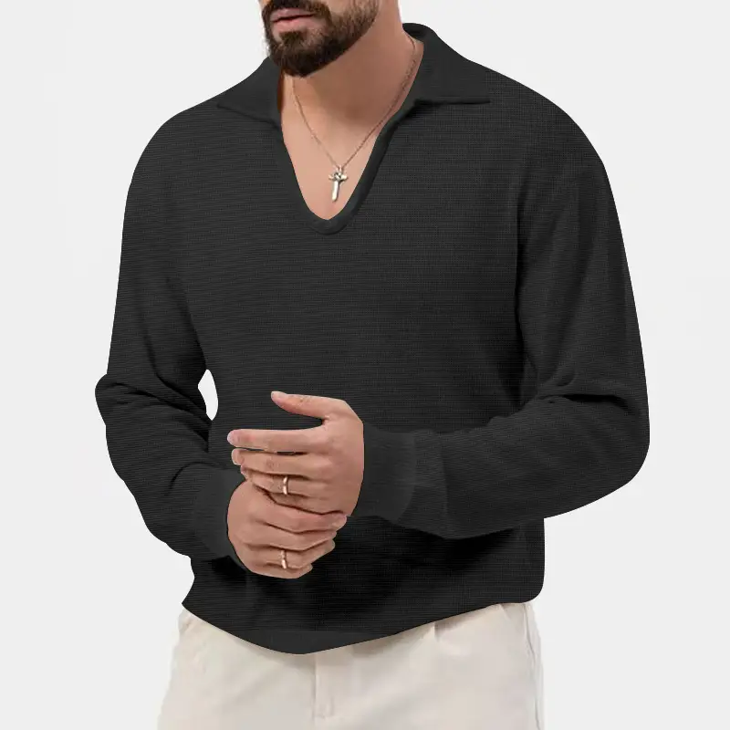 Men's Waffle Knit Lapel T-Shirt Cream Long Sleeve - Image 12