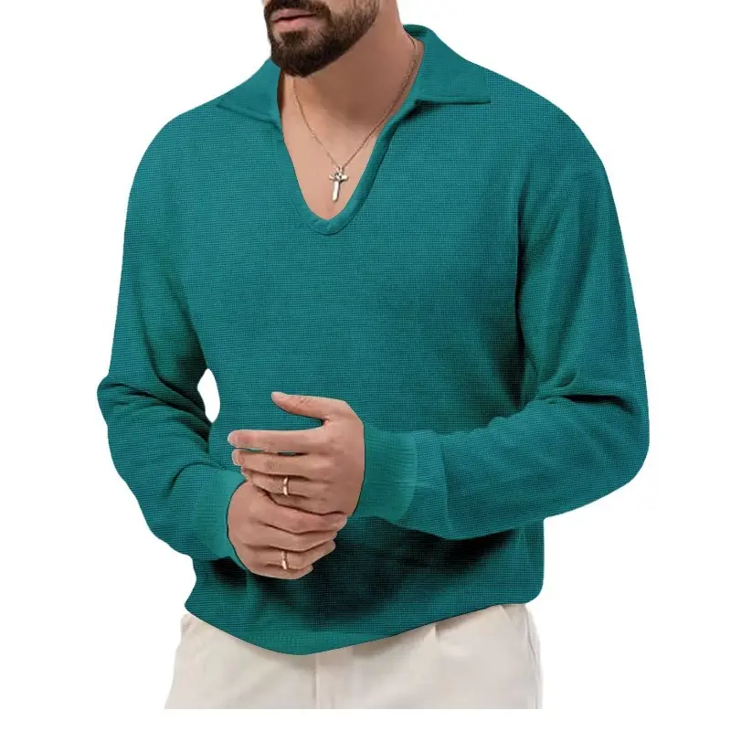Men's Waffle Knit Lapel T-Shirt Cream Long Sleeve - Image 13