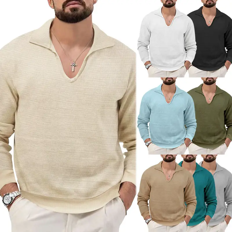 Men's Waffle Knit Lapel T-Shirt Cream Long Sleeve — feature 11