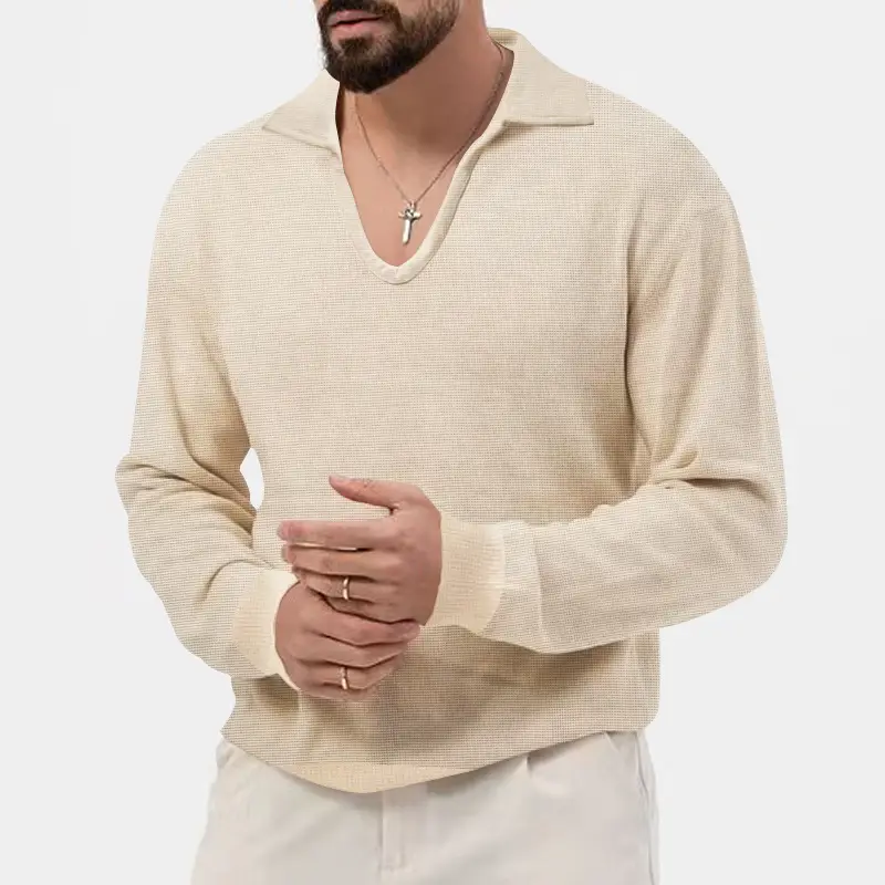Men's Waffle Knit Lapel T-Shirt Cream Long Sleeve — feature 12