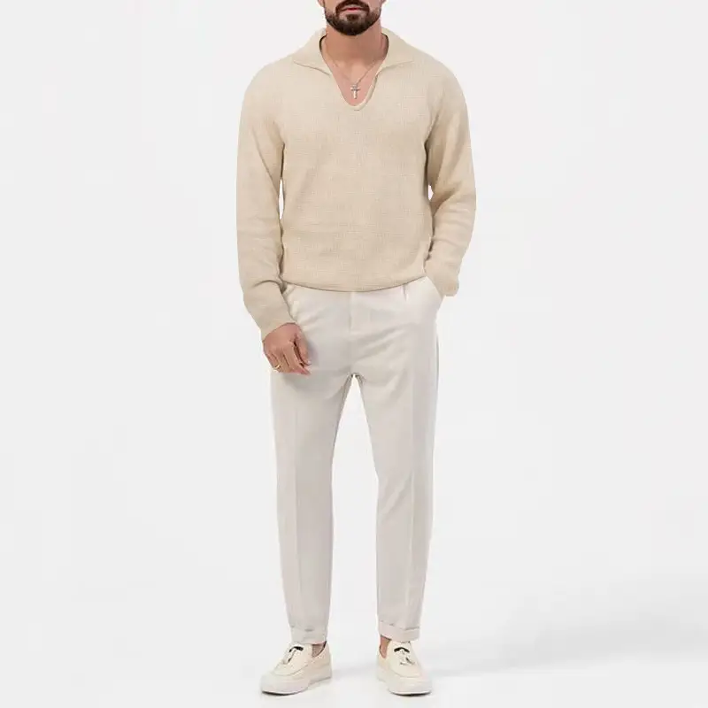 Men's Waffle Knit Lapel T-Shirt Cream Long Sleeve — feature 13