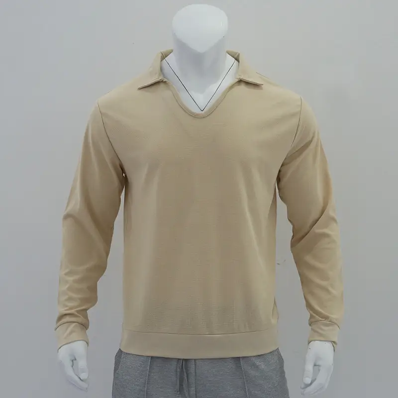 Men's Waffle Knit Lapel T-Shirt Cream Long Sleeve — feature 14