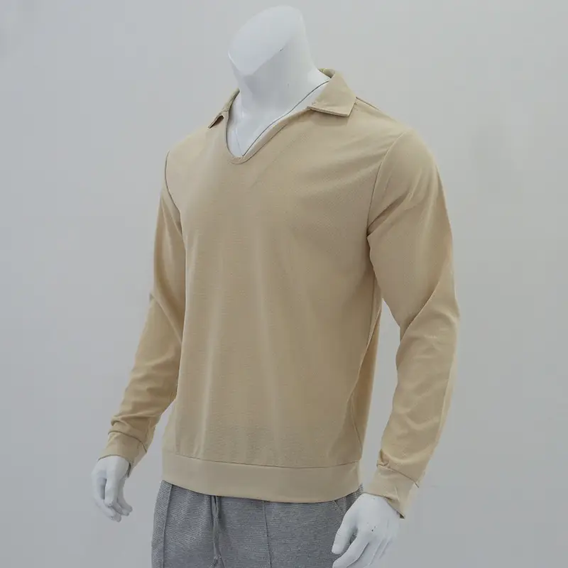 Men's Waffle Knit Lapel T-Shirt Cream Long Sleeve — feature 15