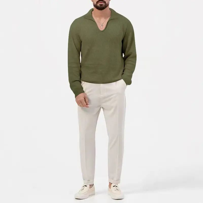 Men's Waffle Knit Lapel T-Shirt Cream Long Sleeve — feature 18