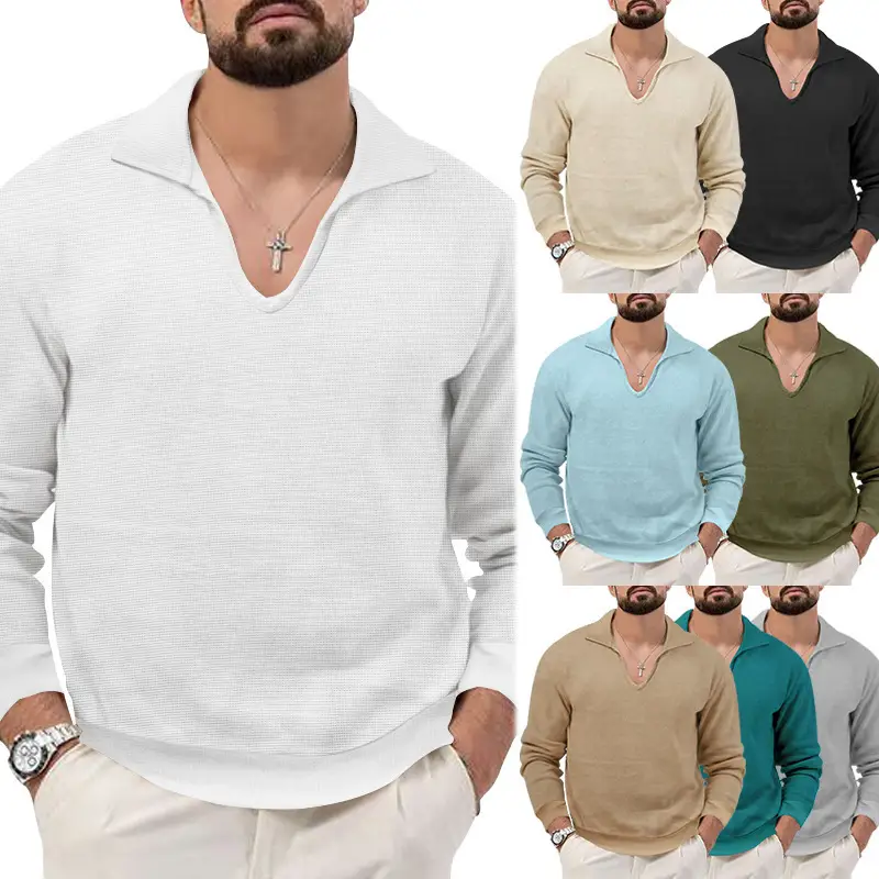 Men's Waffle Knit Lapel T-Shirt Cream Long Sleeve — feature 2