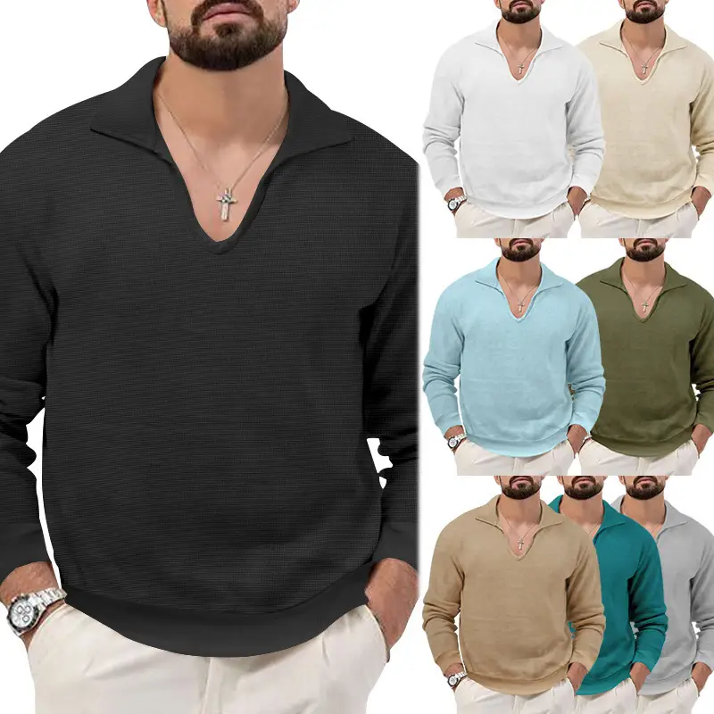 Men's Waffle Knit Lapel T-Shirt Cream Long Sleeve — feature 20