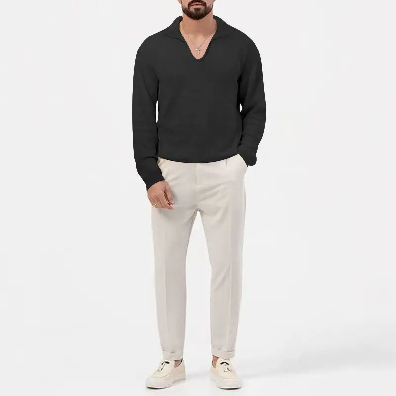 Men's Waffle Knit Lapel T-Shirt Cream Long Sleeve — feature 23