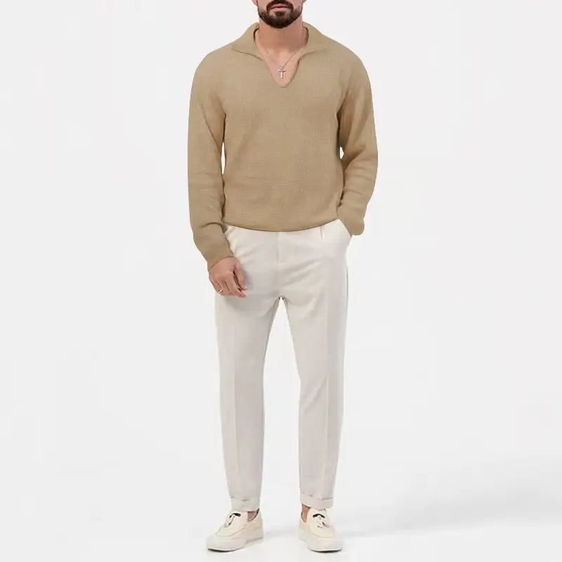 Men's Waffle Knit Lapel T-Shirt Cream Long Sleeve — feature 26