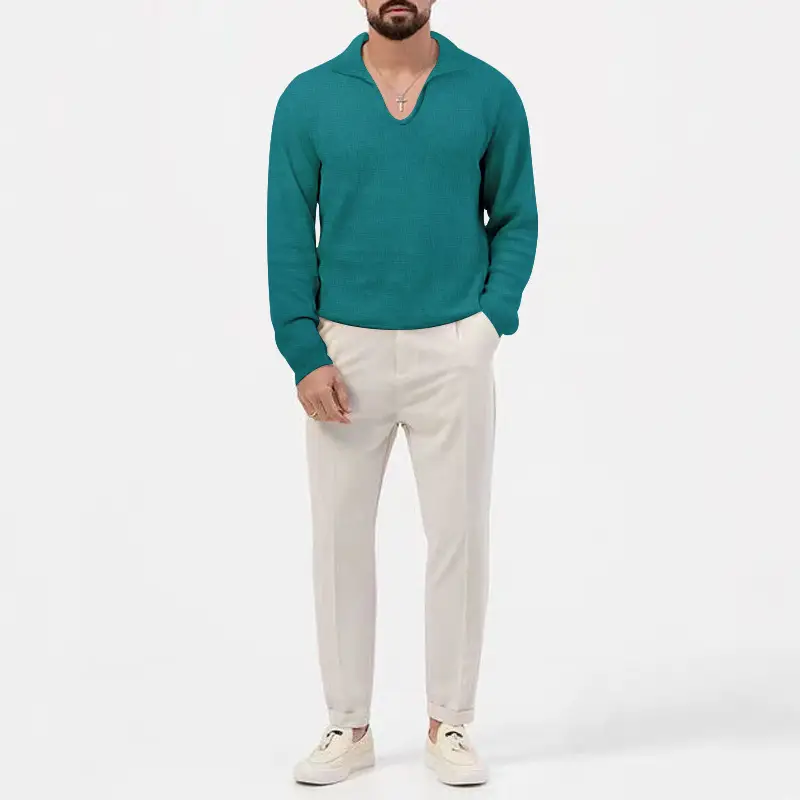 Men's Waffle Knit Lapel T-Shirt Cream Long Sleeve — feature 29