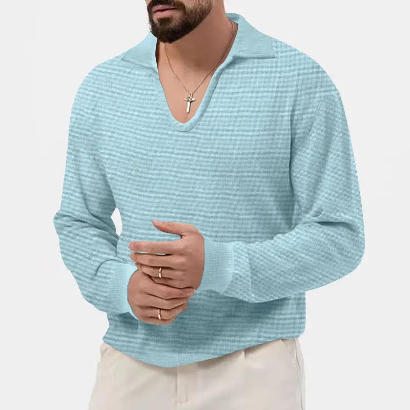 Men's Waffle Knit Lapel T-Shirt Cream Long Sleeve — feature 32
