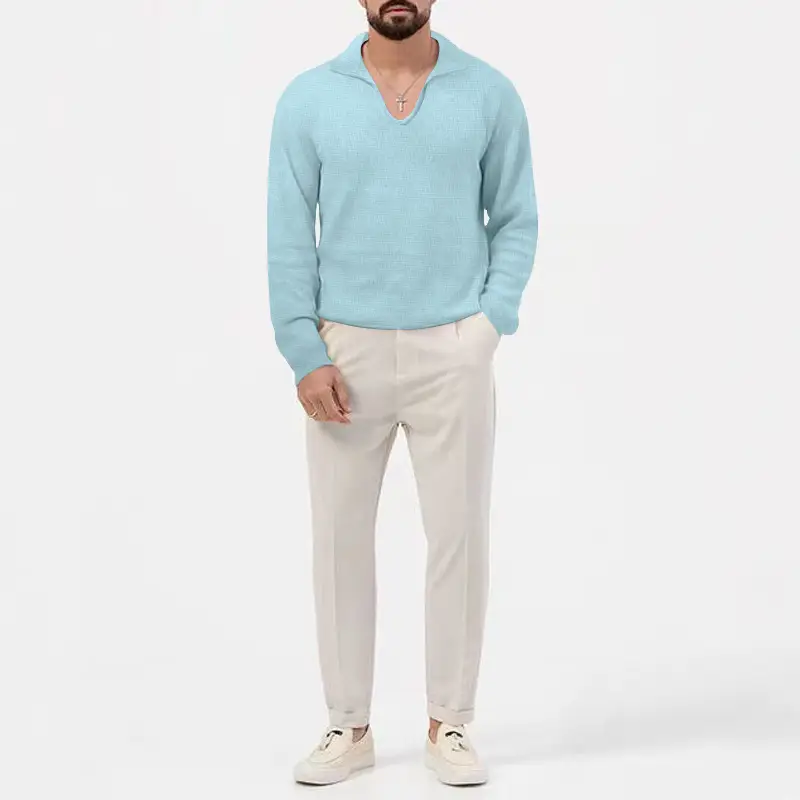 Men's Waffle Knit Lapel T-Shirt Cream Long Sleeve — feature 33