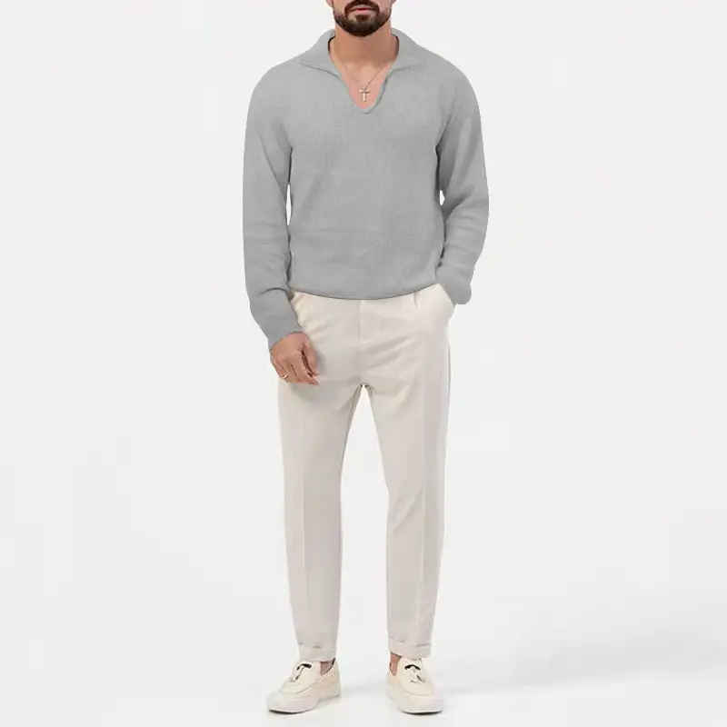 Men's Waffle Knit Lapel T-Shirt Cream Long Sleeve — feature 36