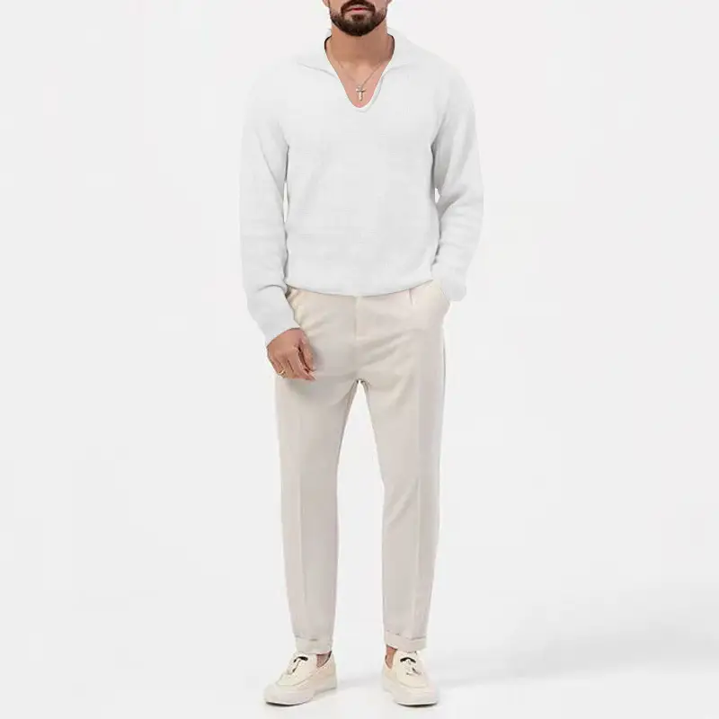 Men's Waffle Knit Lapel T-Shirt Cream Long Sleeve — feature 8
