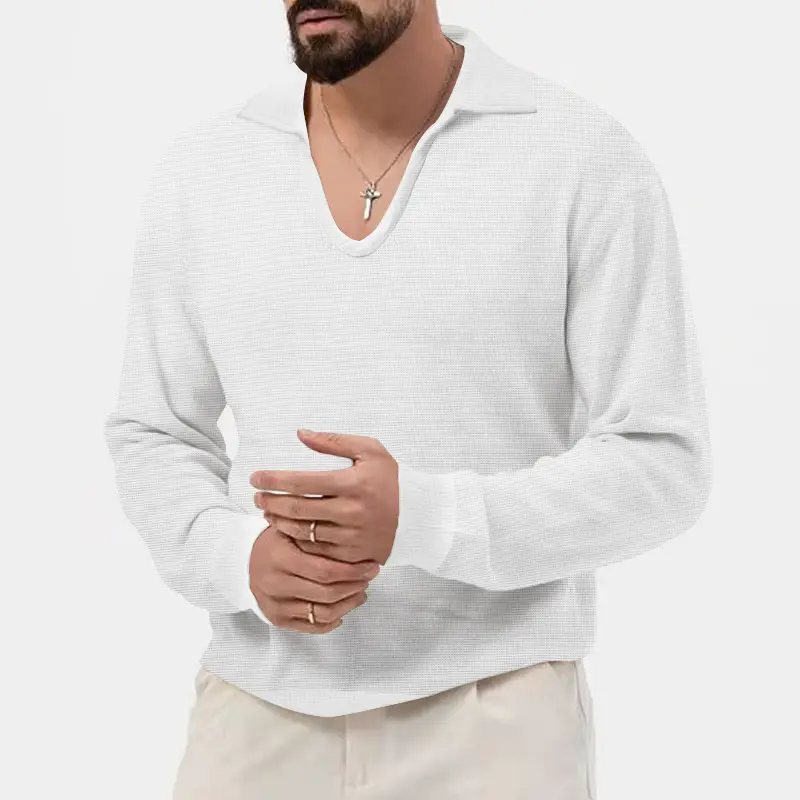 Men's Waffle Knit Lapel T-Shirt Cream Long Sleeve - Image 2