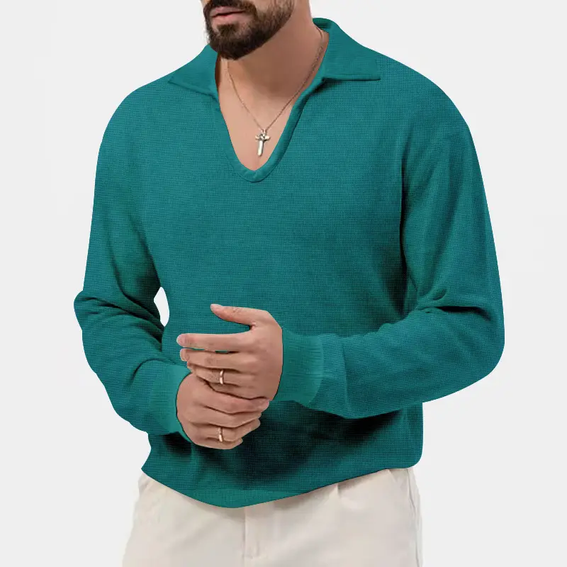 Men's Waffle Knit Lapel T-Shirt Cream Long Sleeve - Image 5