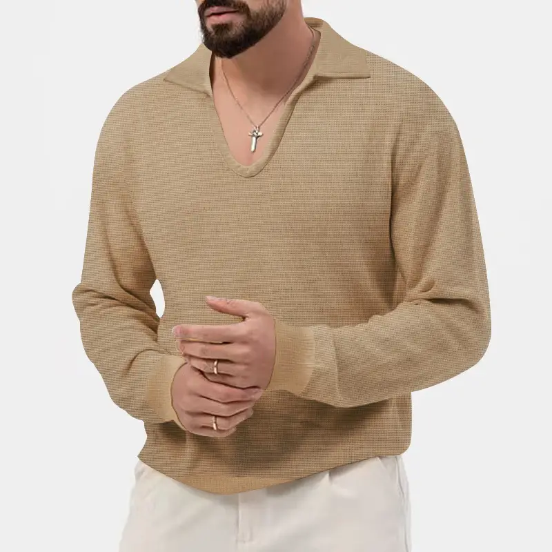 Men's Waffle Knit Lapel T-Shirt Cream Long Sleeve - Image 6