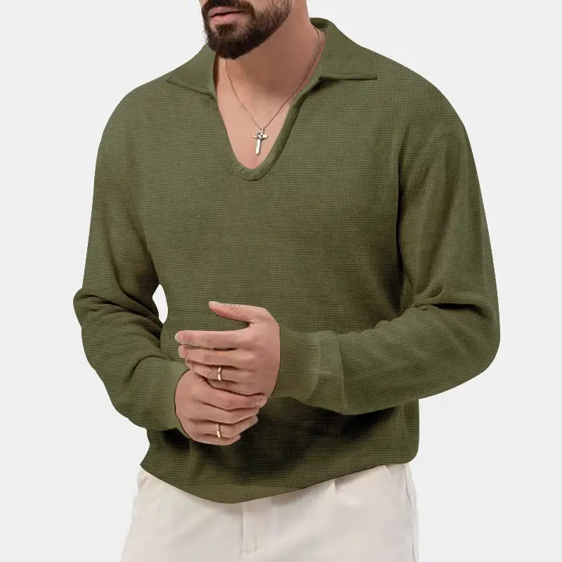 Men's Waffle Knit Lapel T-Shirt Cream Long Sleeve - Image 7