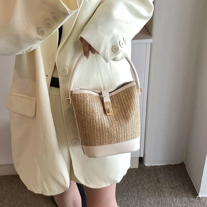 Women's Textured Woven Shoulder Bag Black Beige - Image 8