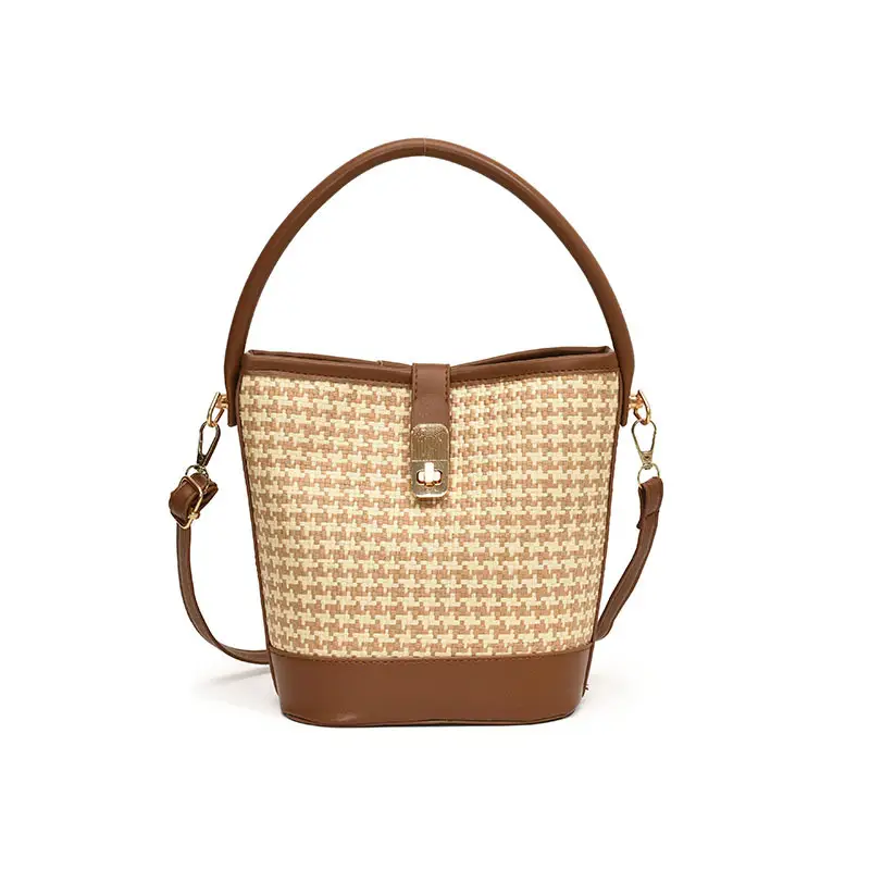 Women's Textured Woven Shoulder Bag Black Beige - Image 10