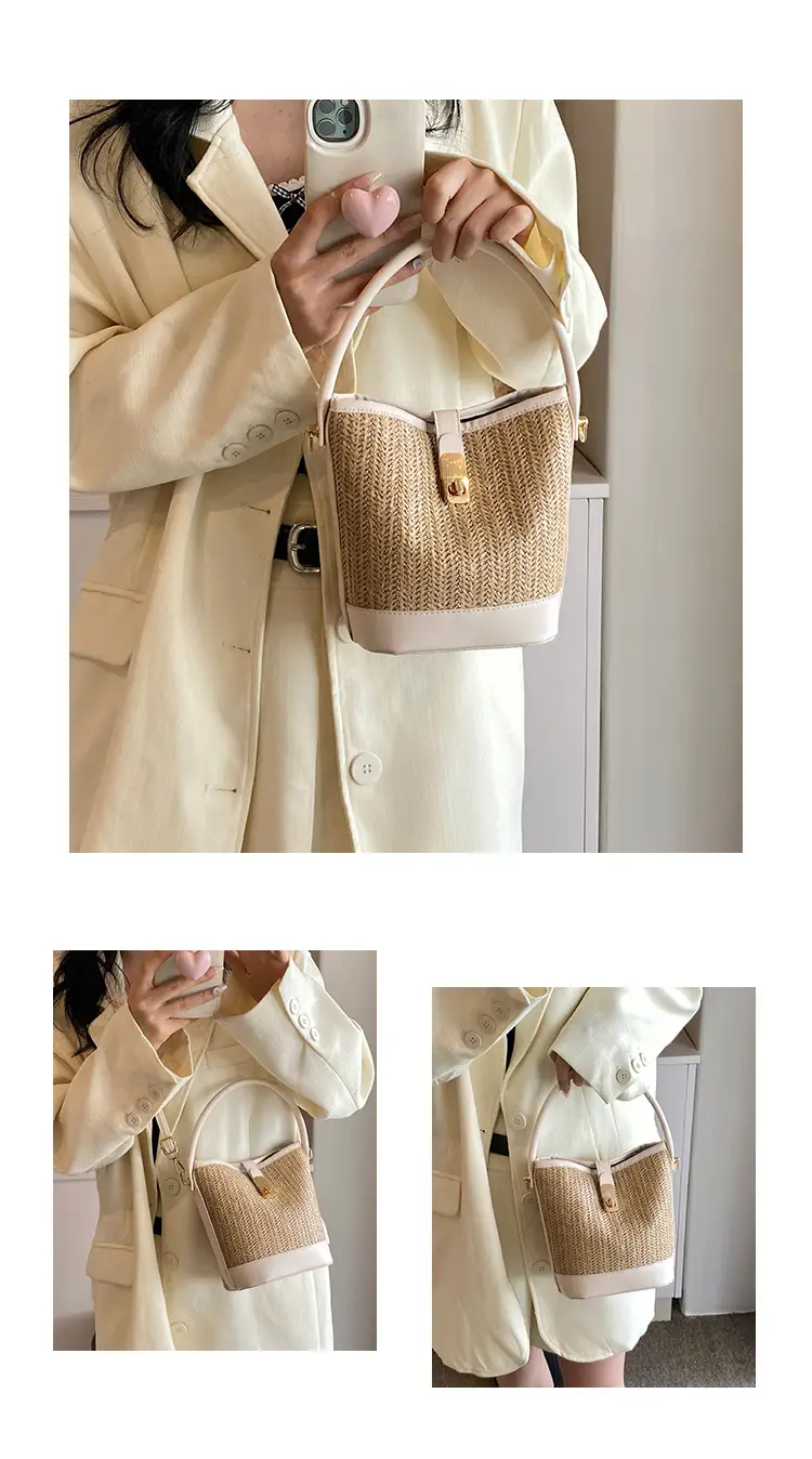 Women's Textured Woven Shoulder Bag Black Beige — feature 4