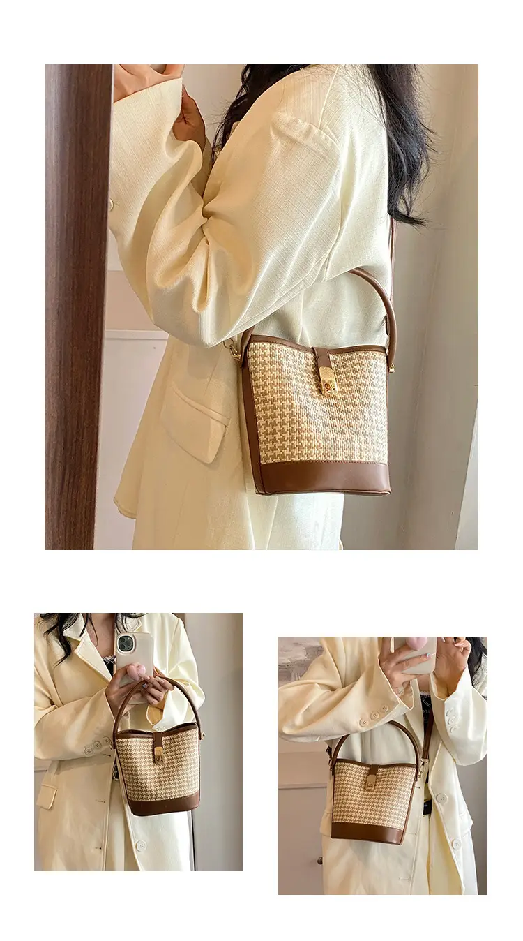 Women's Textured Woven Shoulder Bag Black Beige — feature 5