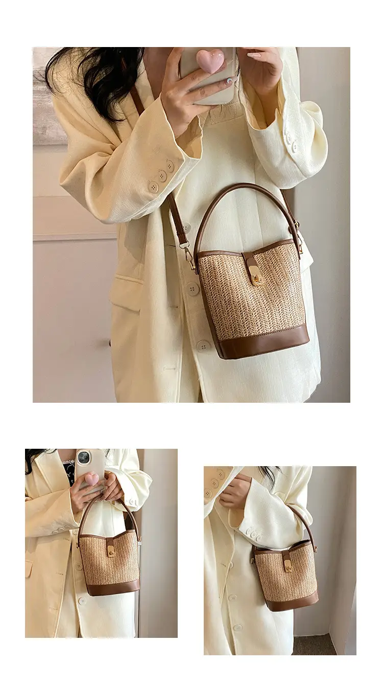 Women's Textured Woven Shoulder Bag Black Beige — feature 6